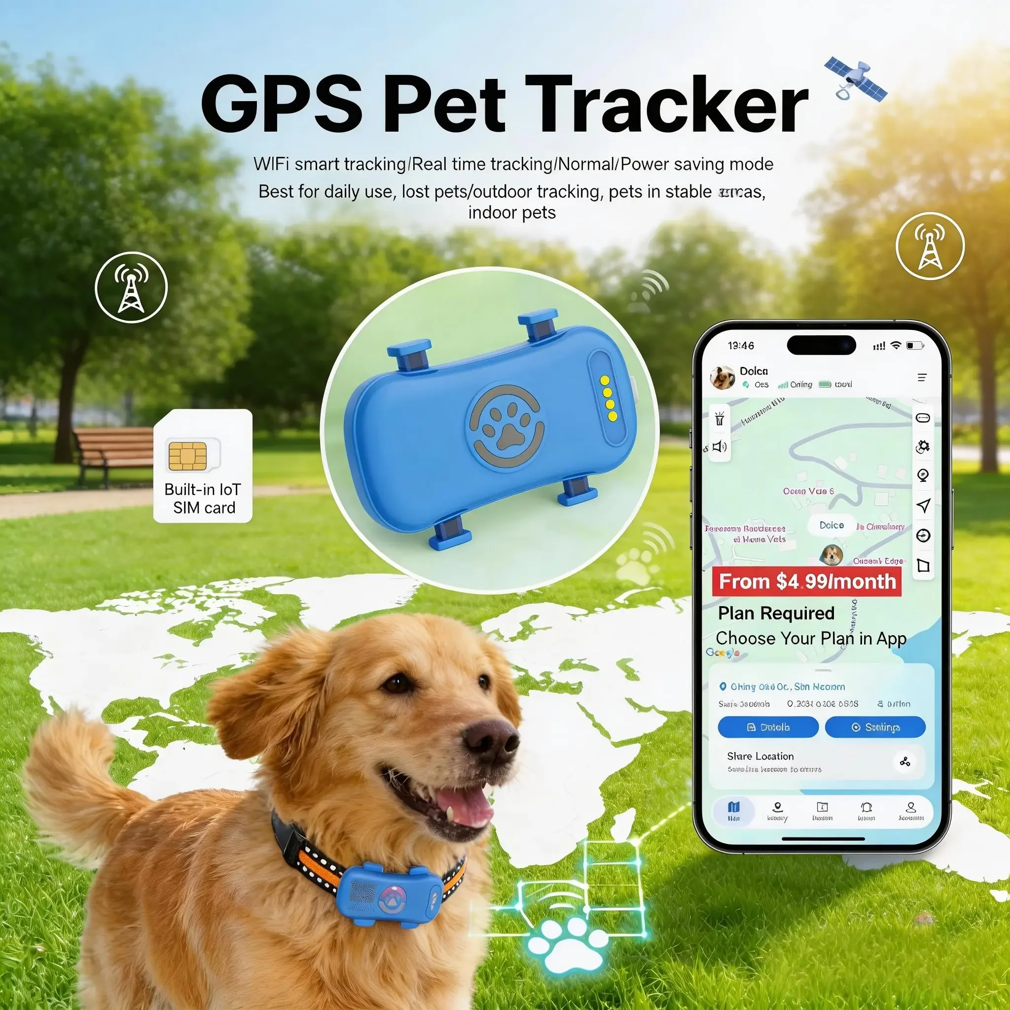 GPS 4G Pet Tracker, Real-Time Tracking, Waterproof