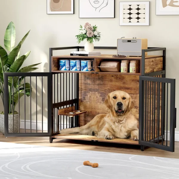 Indoor Wooden Dog Crate with Shelves, Storage